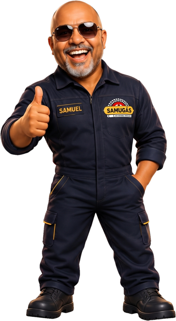 SamuZinho, mascote oficial da Samugás, fazendo sinal de positivo